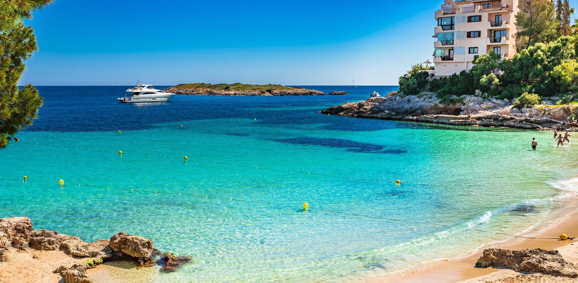 Spain Majorca, beautiful bay beach of Platja d'Illetes, Mediterranean Sea, Balearic Islands.
