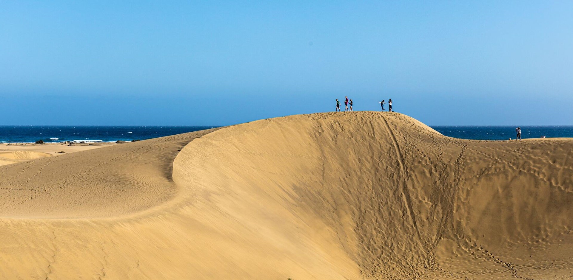 people on the top of sand dune on the beach in maspalomas, gran