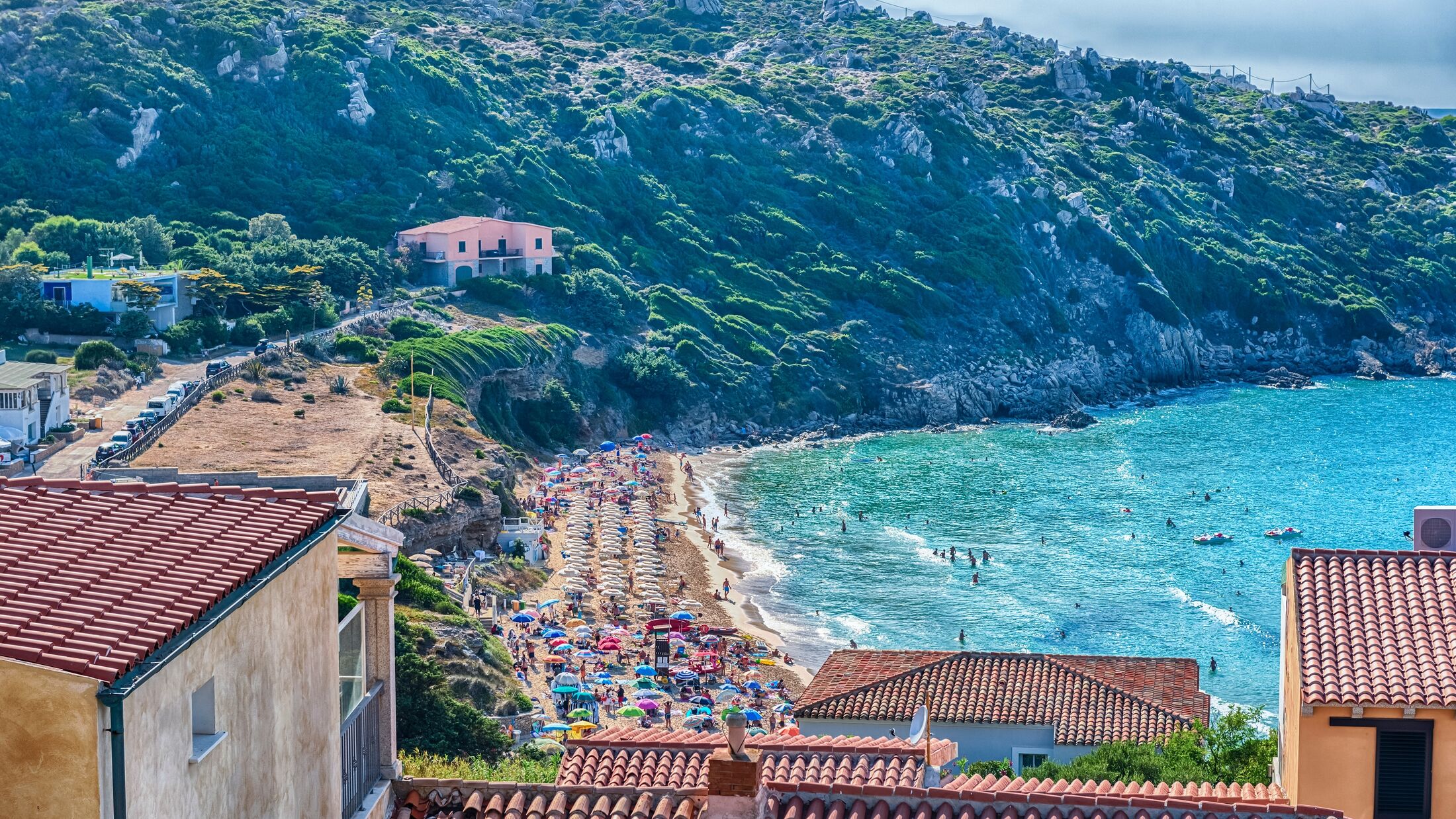 Aerial view over the scenic beach called Rena Bianca, one of the main highlights in Santa Teresa Gallura, North Sardinia, Italy