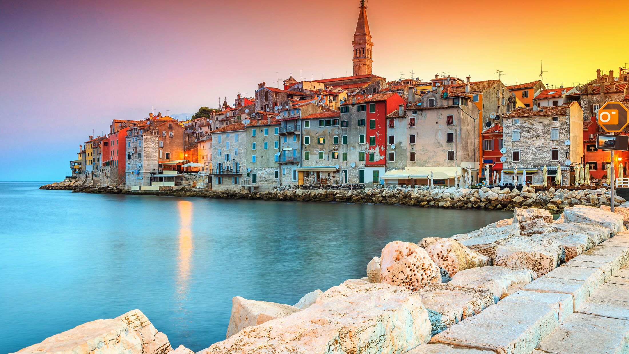 Stunning romantic old town of Rovinj with colorful buildings and magical sunset, Istrian peninsula, Croatia, Europe