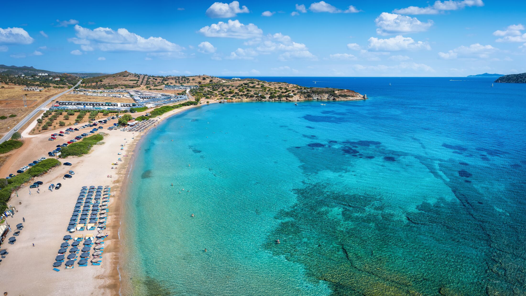 Aerial view of the beautiful beach of Legrena, Attica, Greece, popular spot for local Athenians and tourists