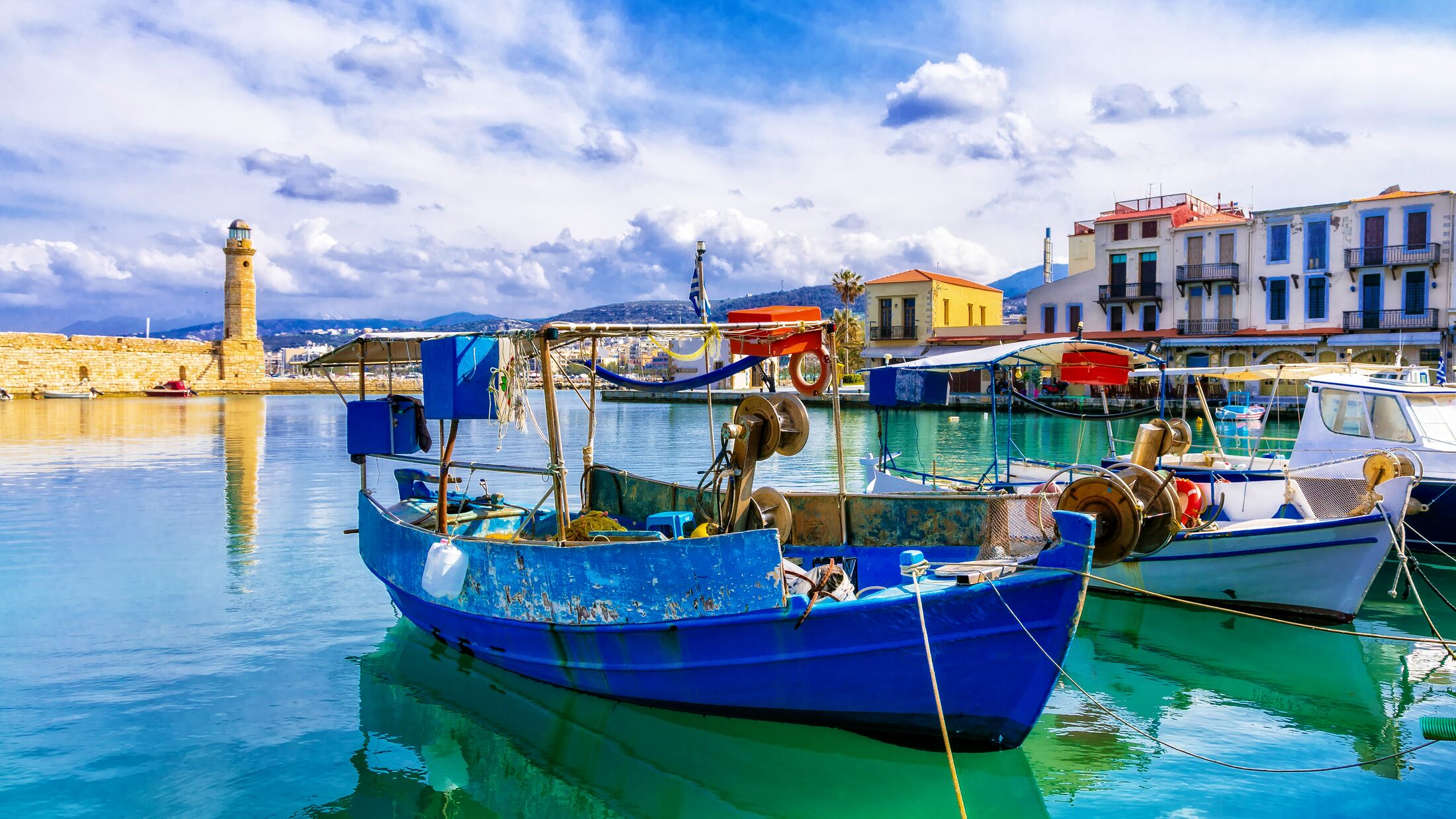 Pictorial colorful Greece series - Rethymnon with old lighthouse and fishing boats, Crete island