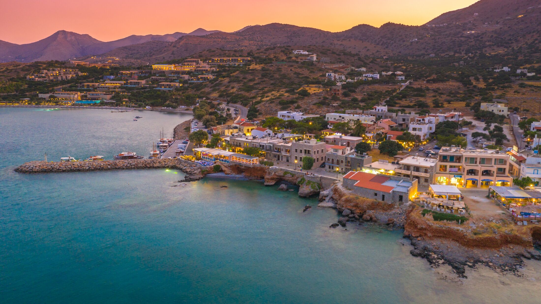 Aerial view of Plaka village, at the gulf of Elounda, near the famous island of Spinalonga, Crete, Greece.