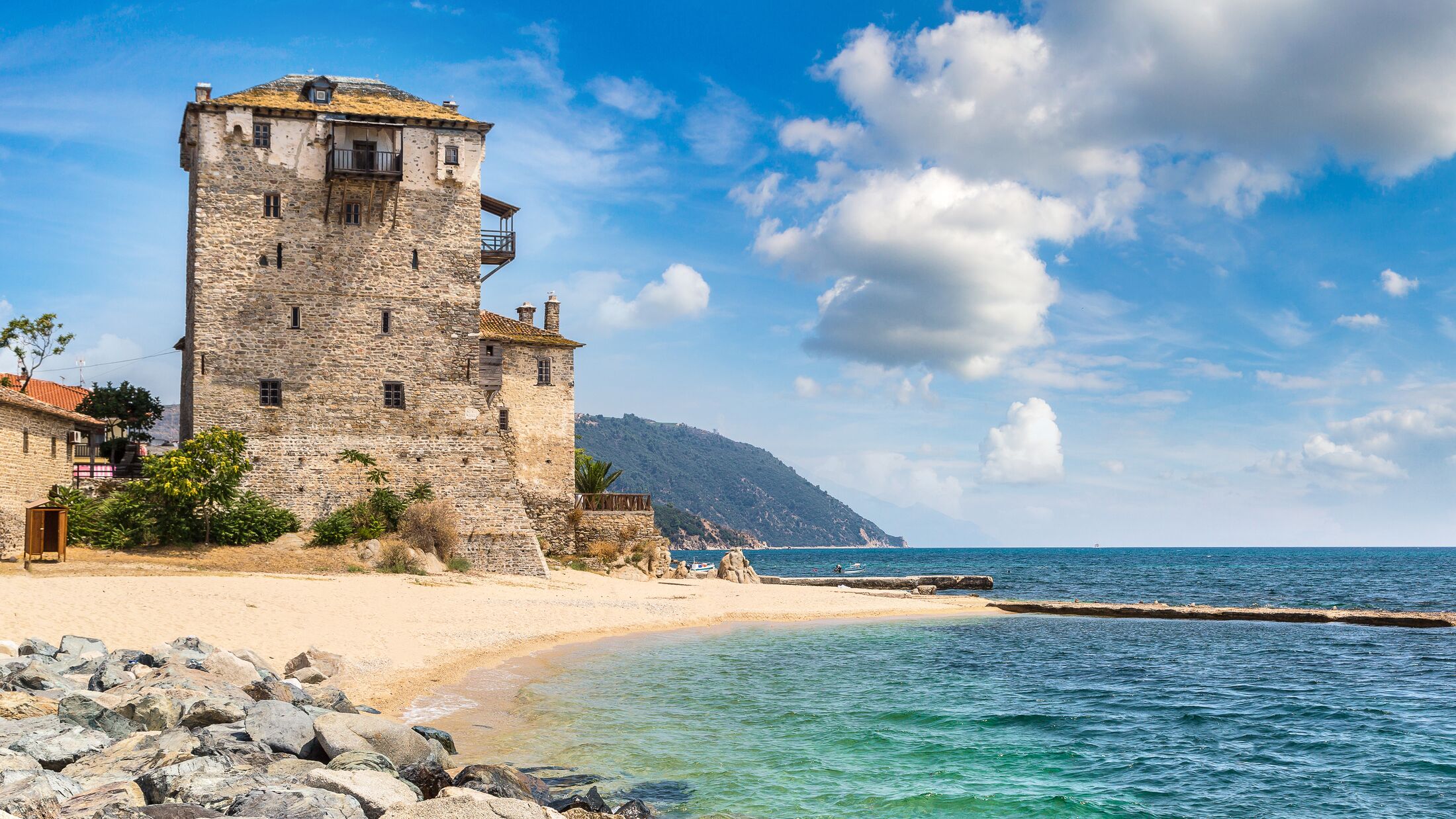 Ouranoupolis tower in Chalkidiki, Greece in a summer day