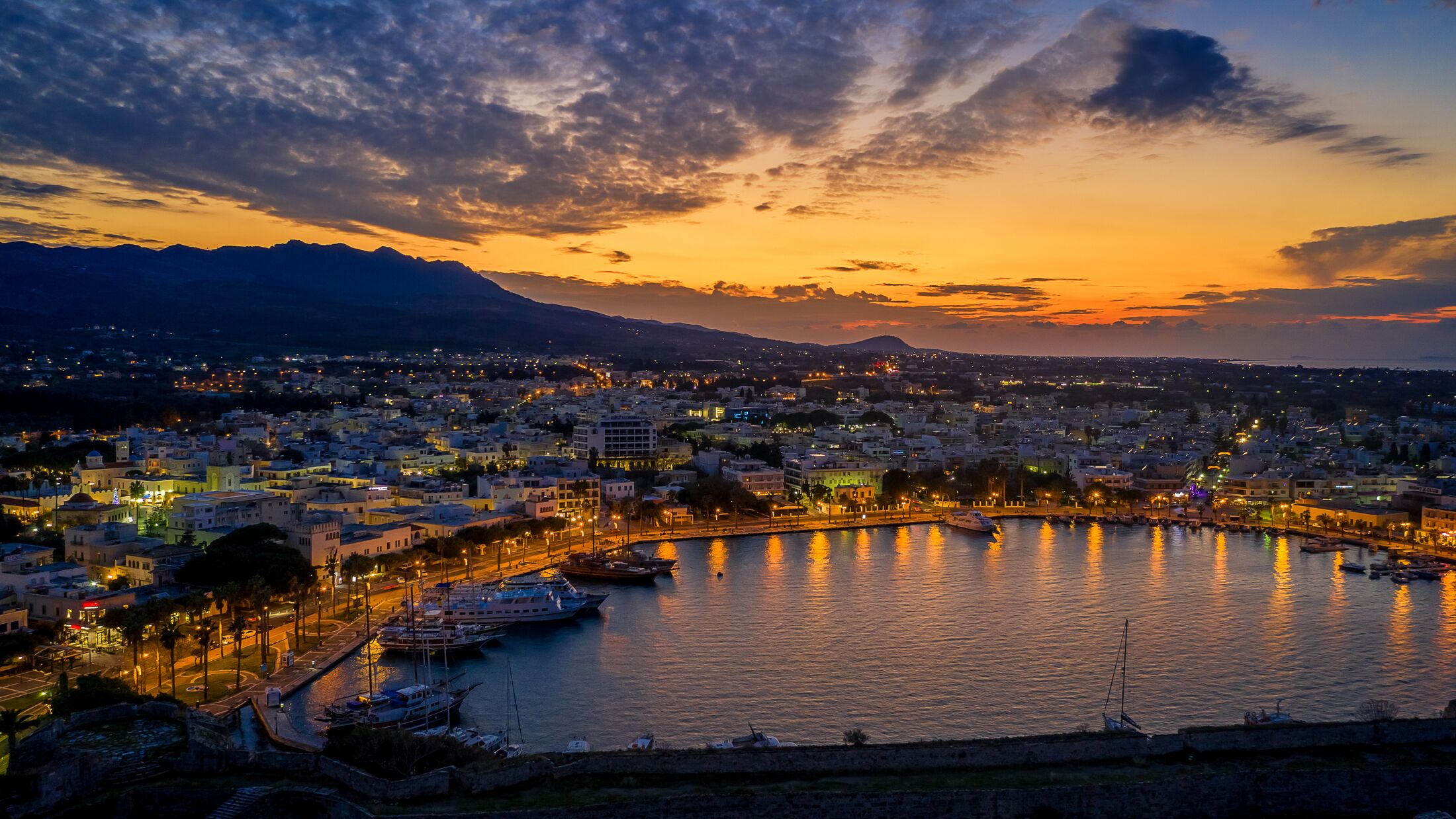 Sunset moment in Kos island aerial view