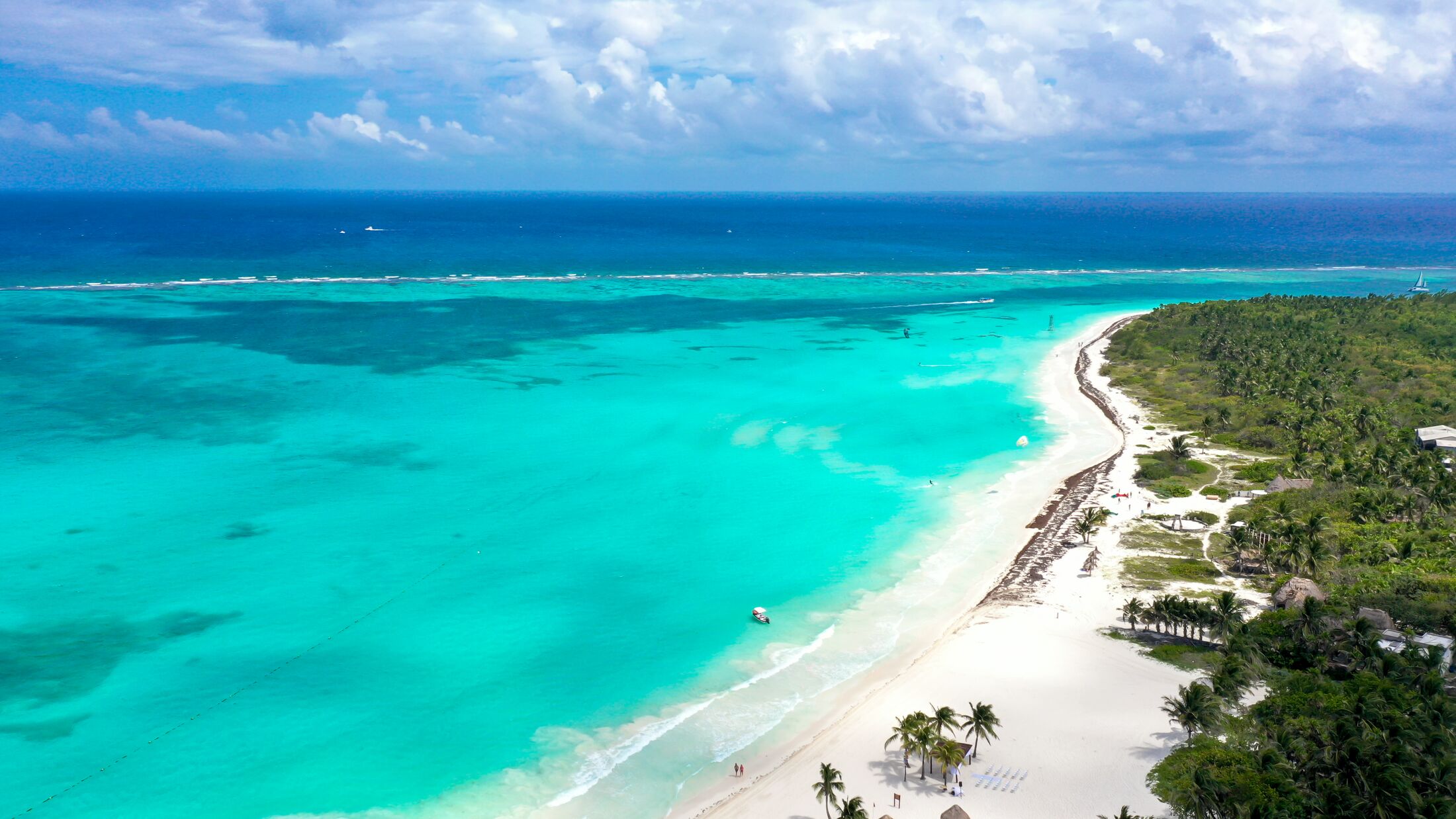 Arial drone view of Maroma Beach in Cancun Playa del Carmen Quintana Roo, Mexico in April 2021