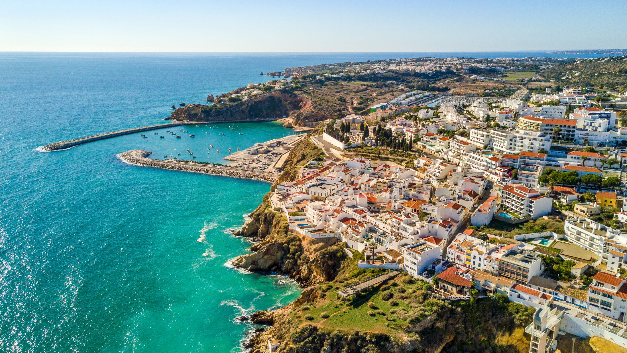 Aerial view of marina and cliffs in Albufeira, Algarve, Portugal