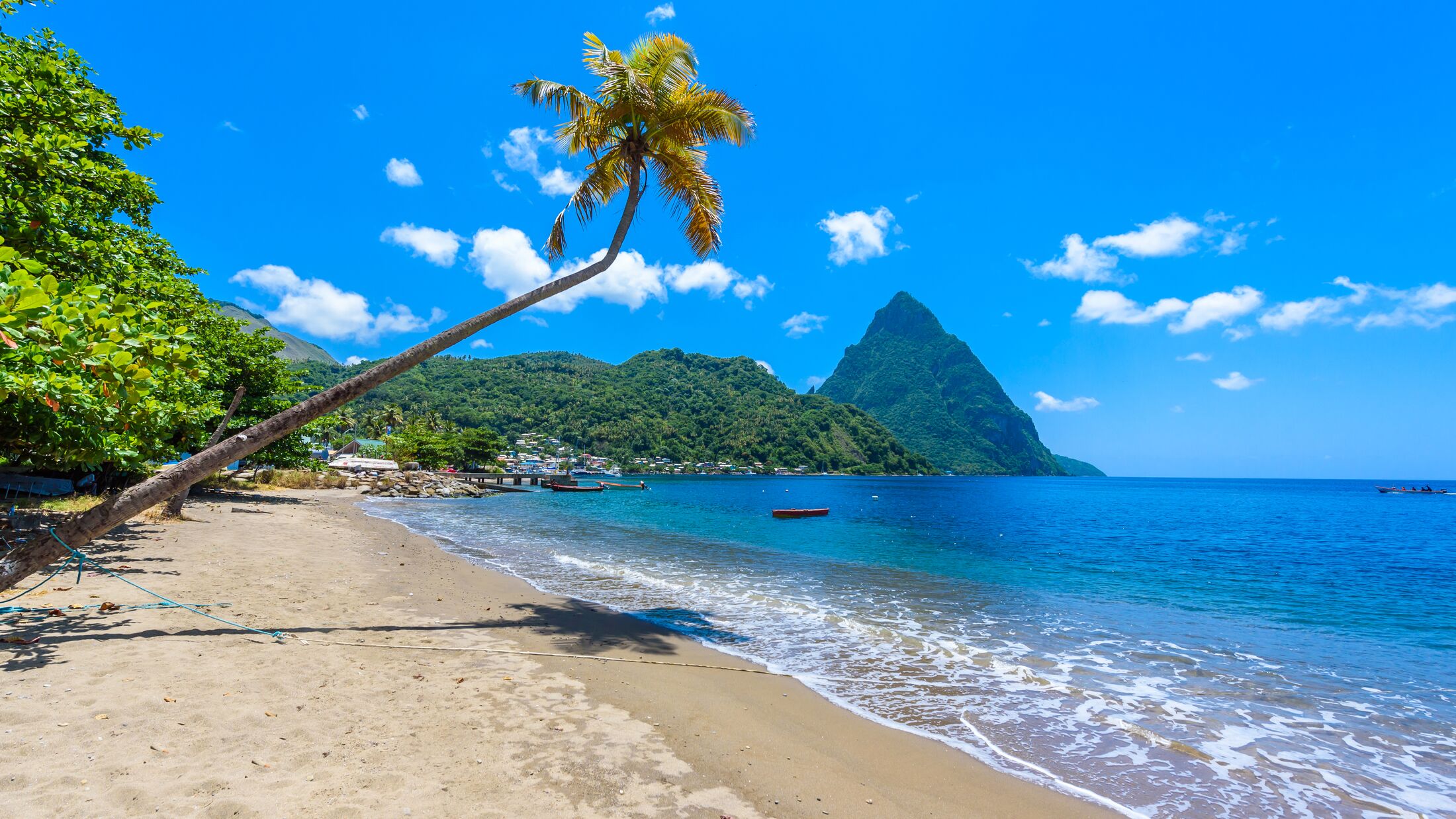Paradise beach at Soufriere Bay with view to Piton at small town Soufriere in Saint Lucia, Tropical Caribbean Island.