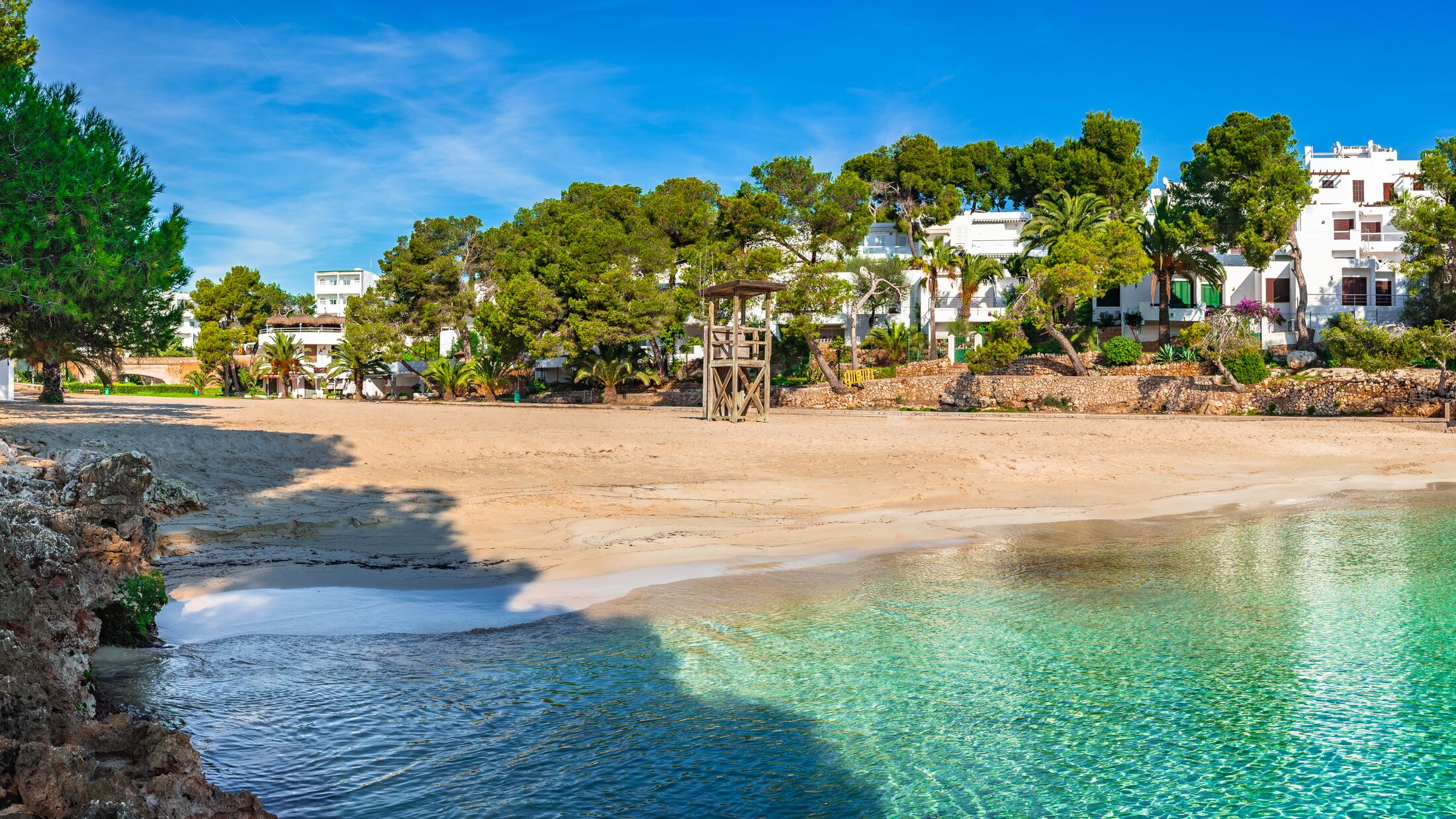 Spain Mediterranean Sea bay beach of Cala Gran on Majorca island, seaside of Cala D'or.