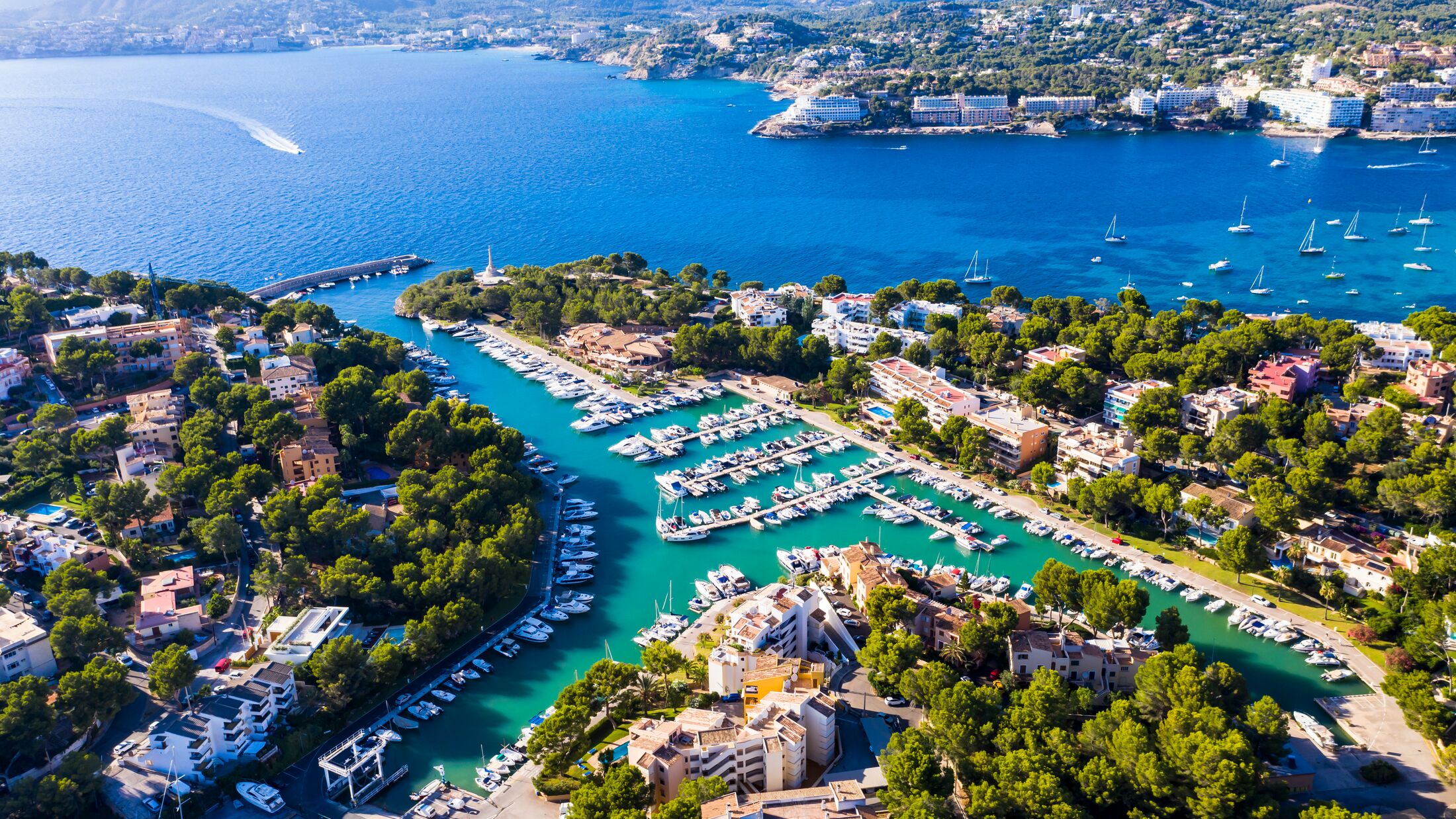 Aerial view, marina of Santa Ponsa, Calvia region, Mallorca, Balearic Islands, Spain