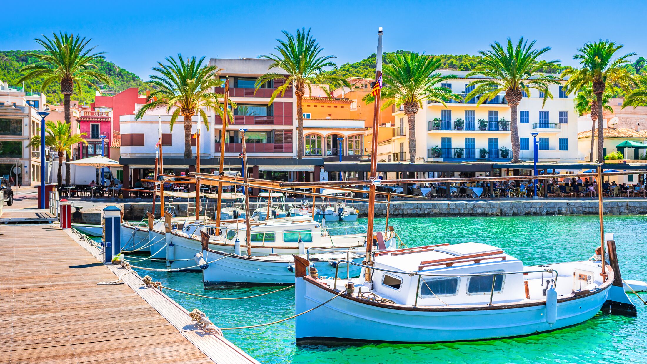 Boats at pier of beautiful town of Port de Andratx on Majorca island, Spain Mediterranean Sea.