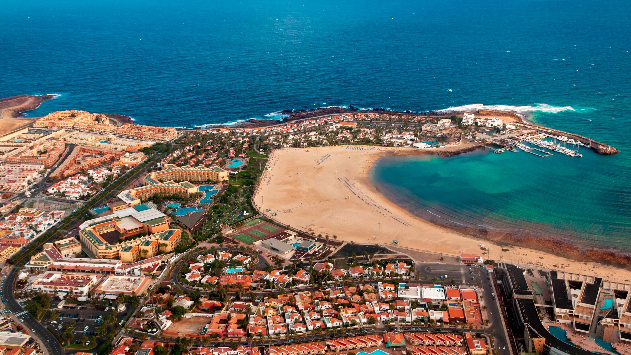 Aerial overview of Caleta de Fuste, Fuerteventura, Canary islands, Spain