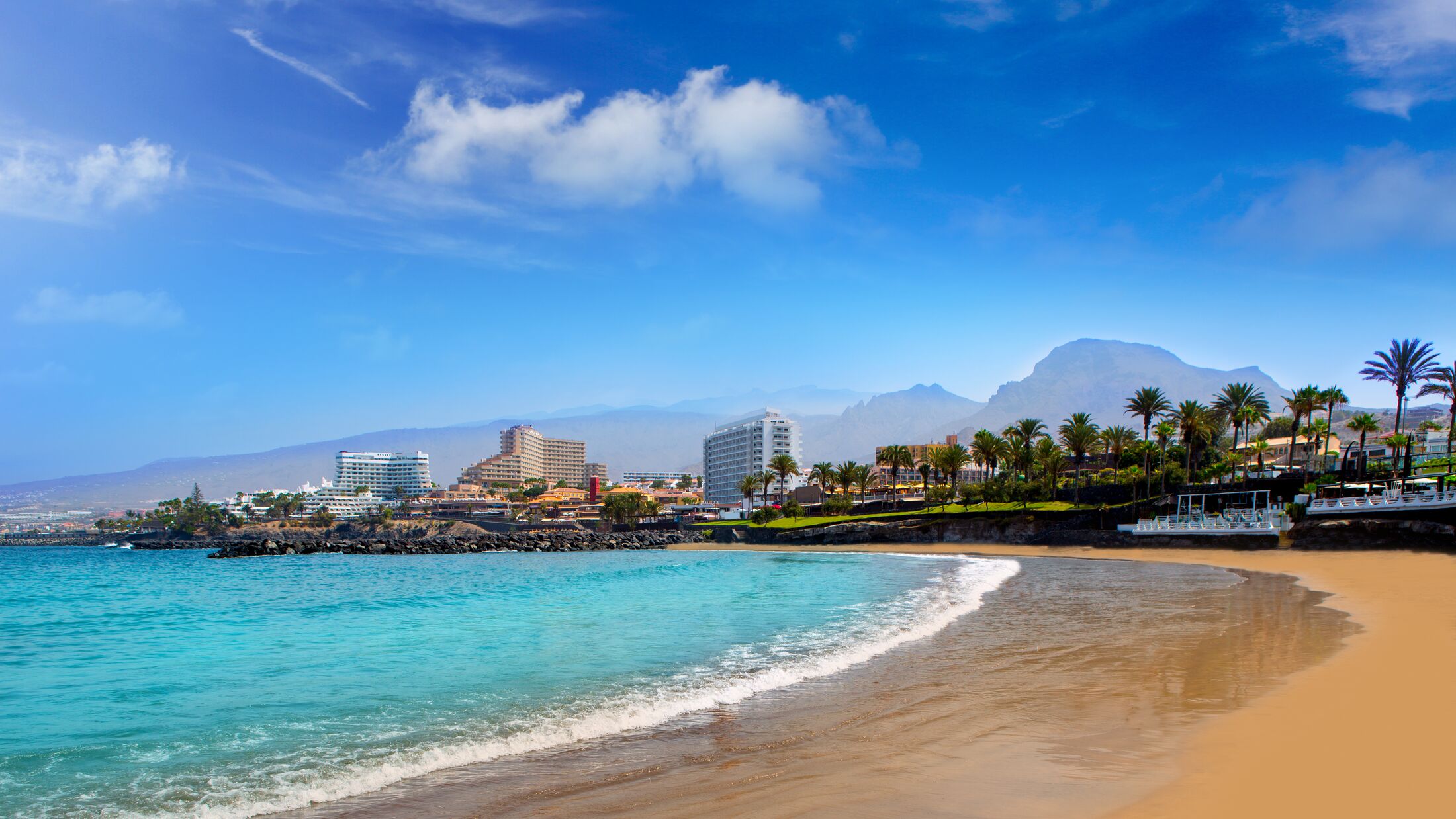 Las Americas Beach Adeje coast Beach in south Tenerife at Canary Islands