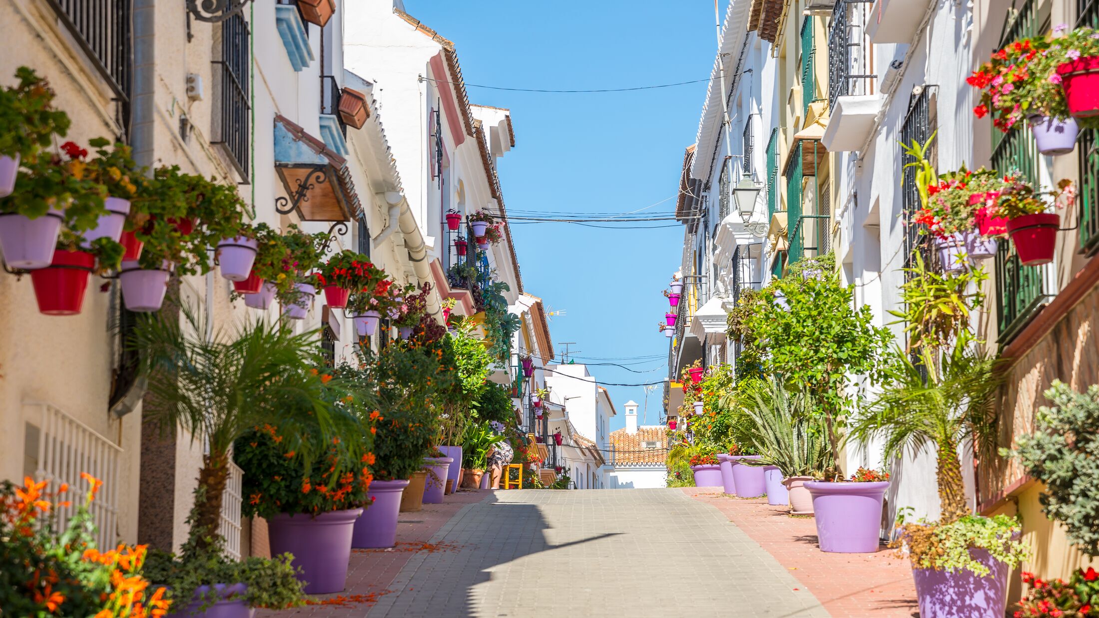 A typical street in old city Estepona with colorful flower pots. Estepona, Andalusia, Spain
