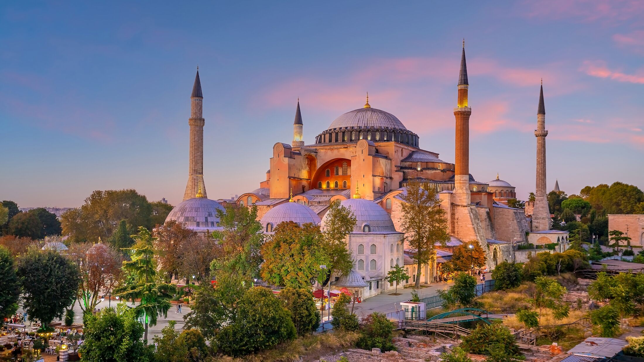 Beautiful view on Hagia Sophia in Istanbul, Turkey from top view at sunset