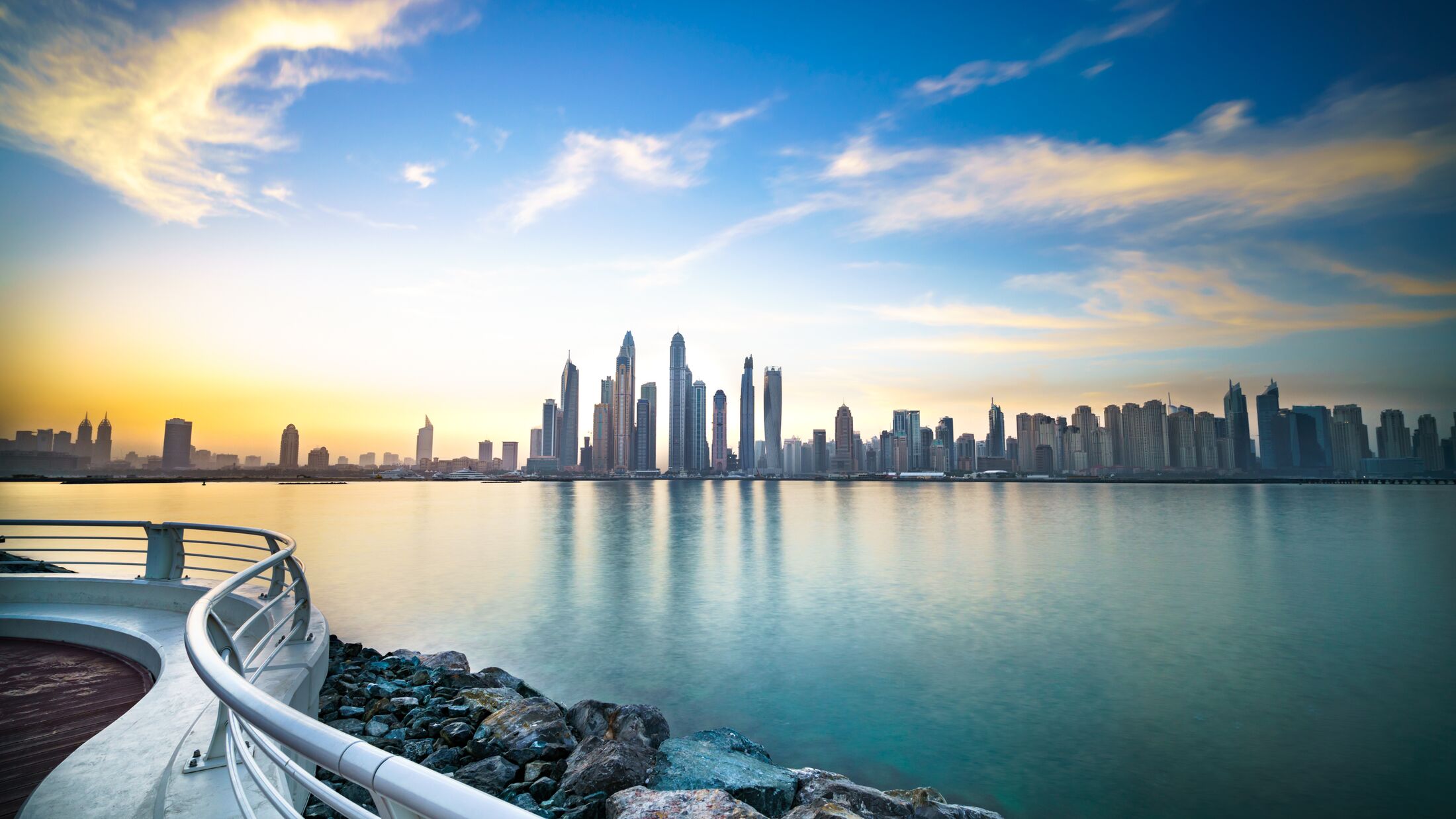 The beauty panorama of skyscrapers in Dubai from promenade. UAE