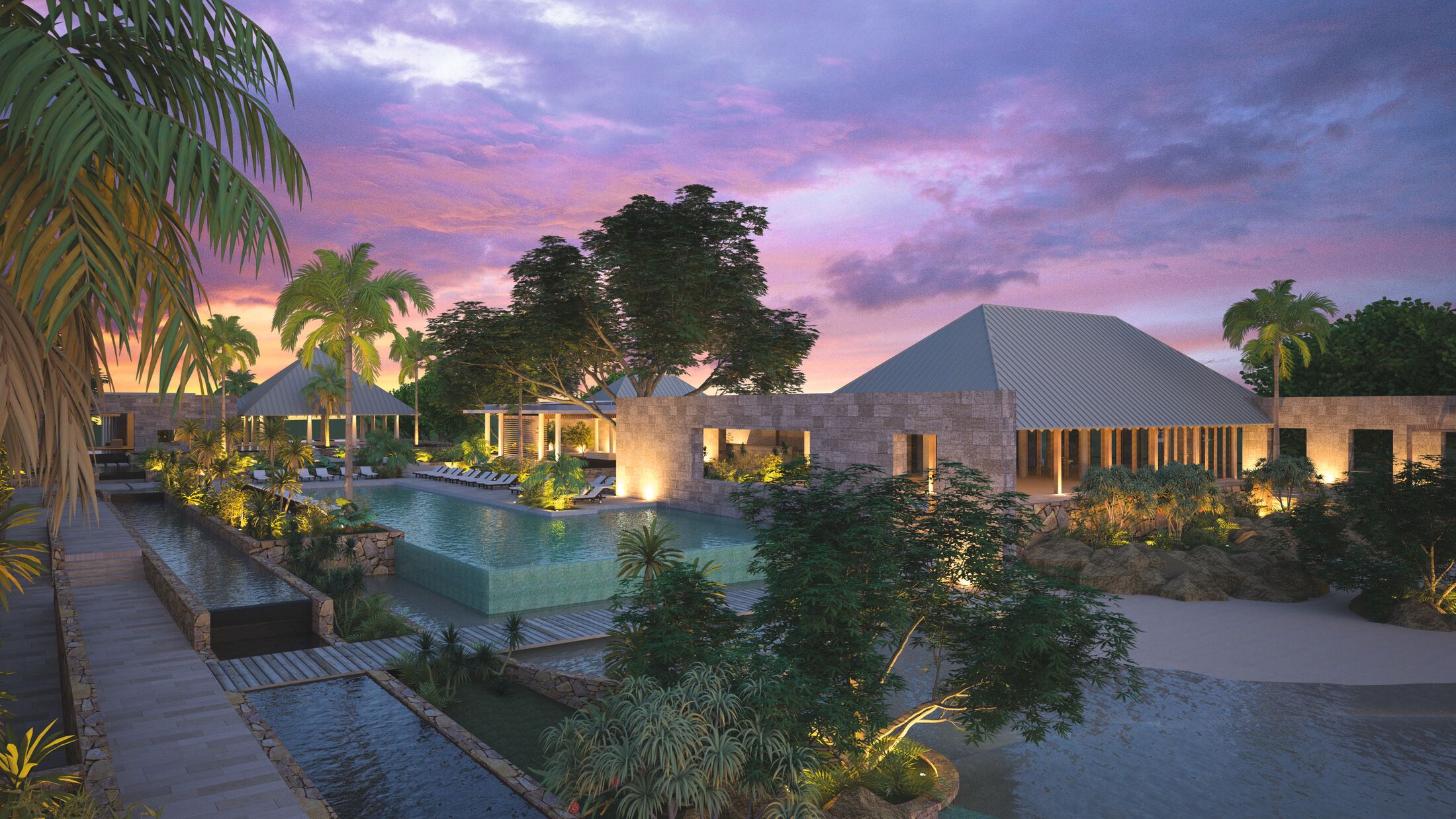 a bridge over a body of water surrounded by palm trees