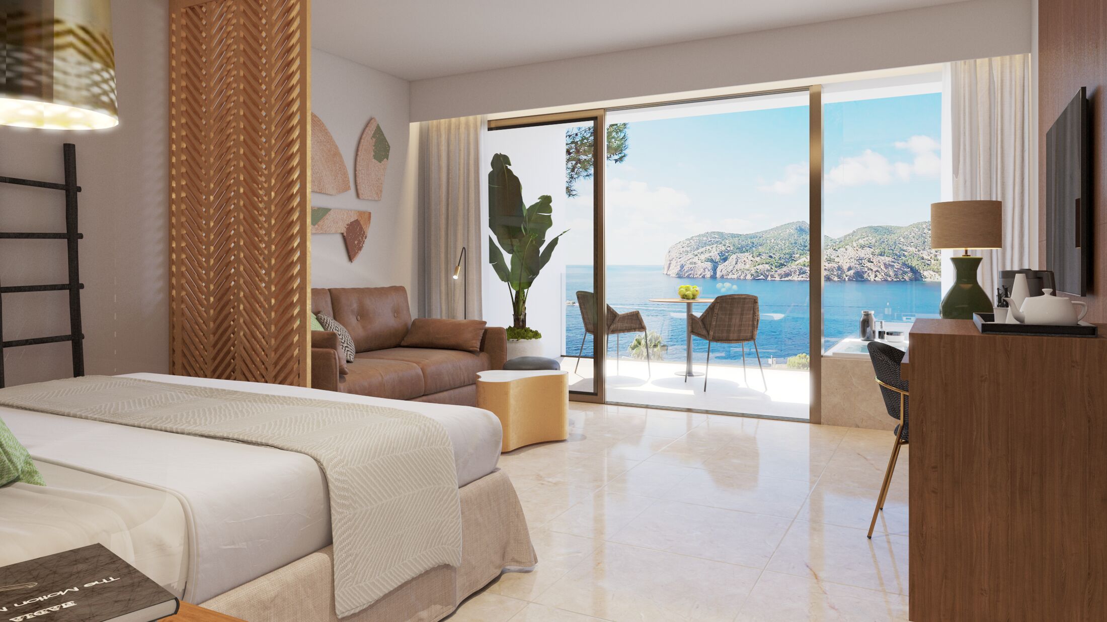 a hotel room with a bed and a large window