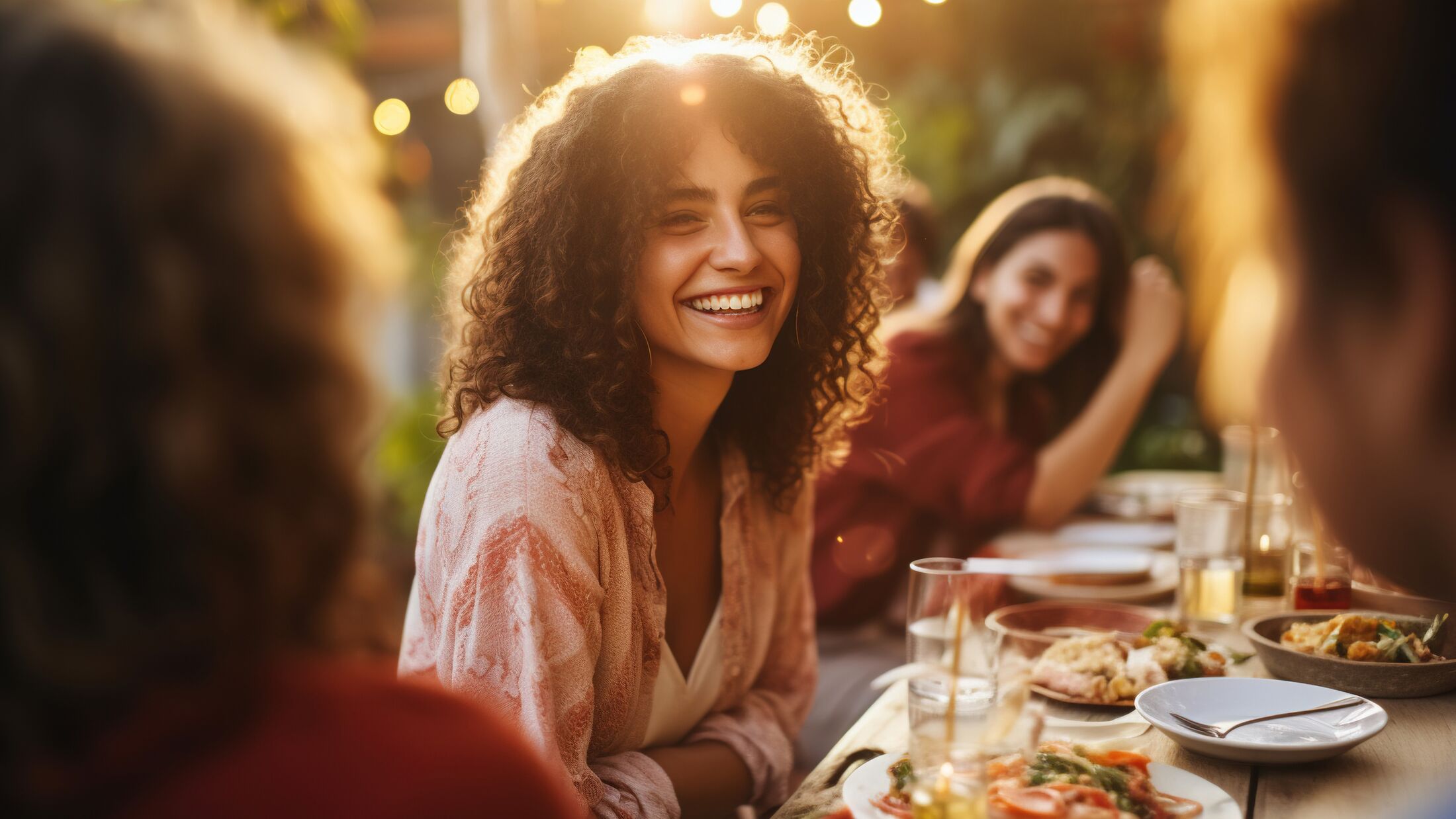 Woman enjoying with friends at outdoor dinner party