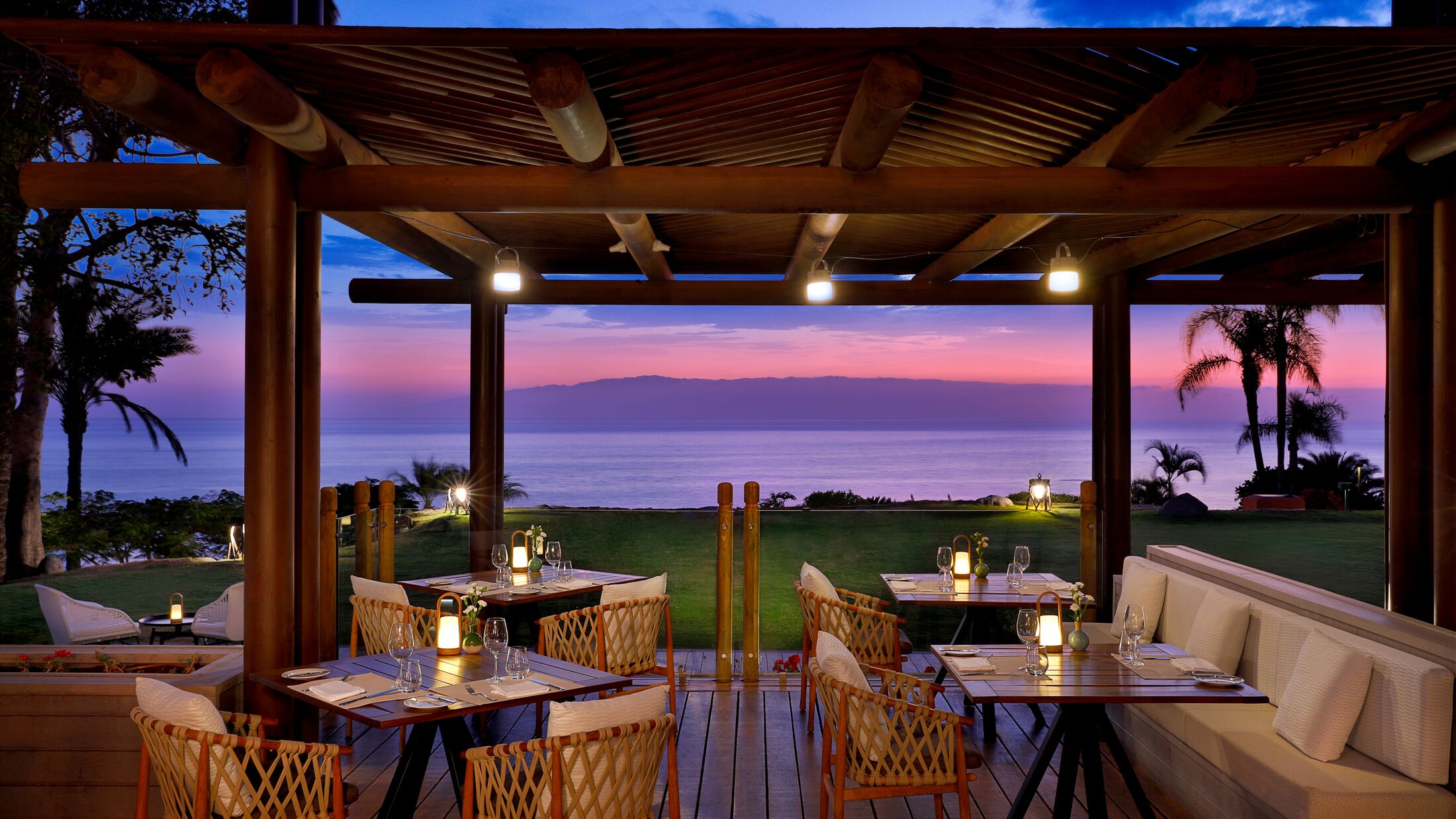 a dining room table in front of a building