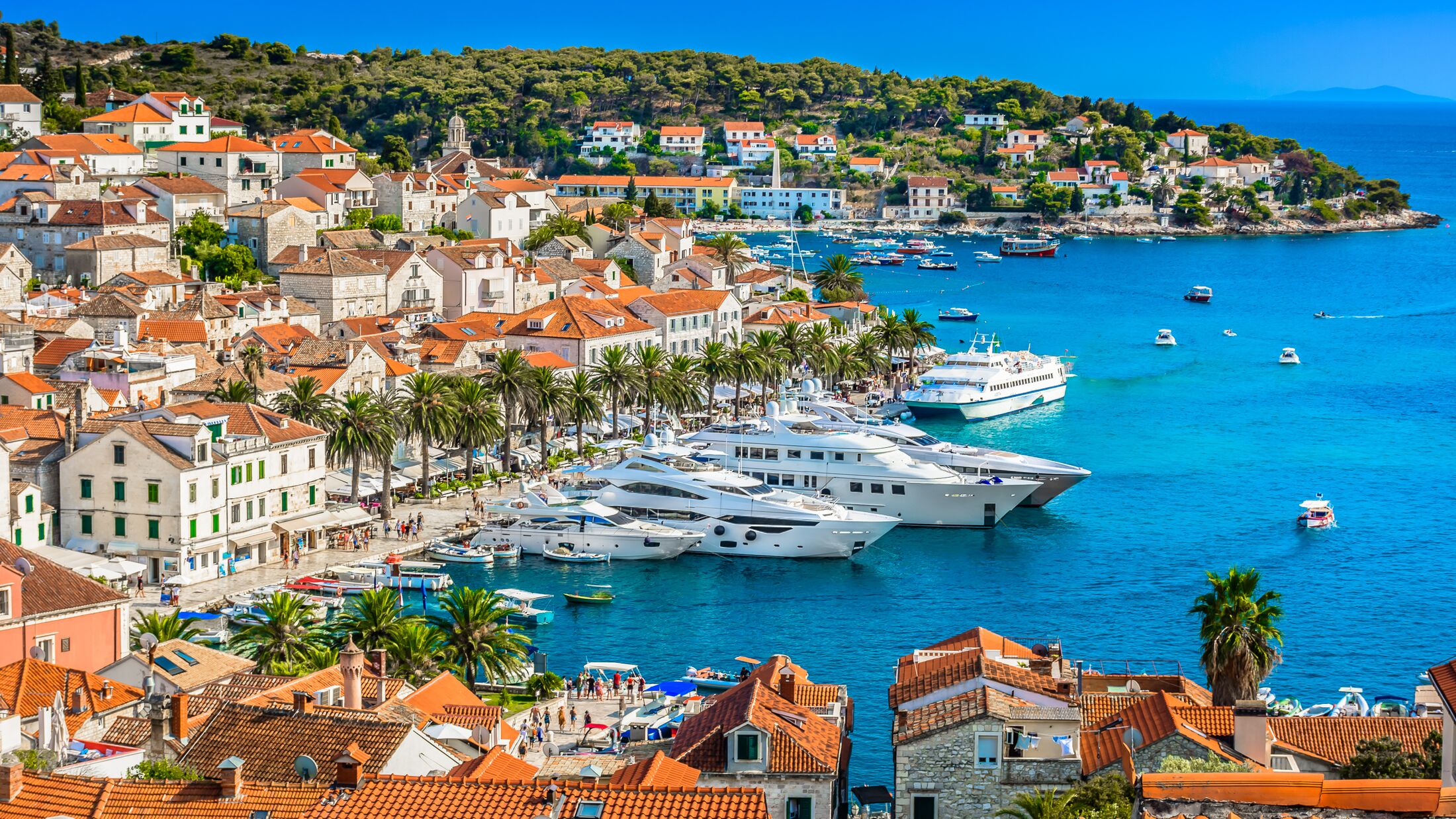 Aerial view at Hvar town in Southern Croatia, famous luxury travel destination in Europe, Mediterranean.
