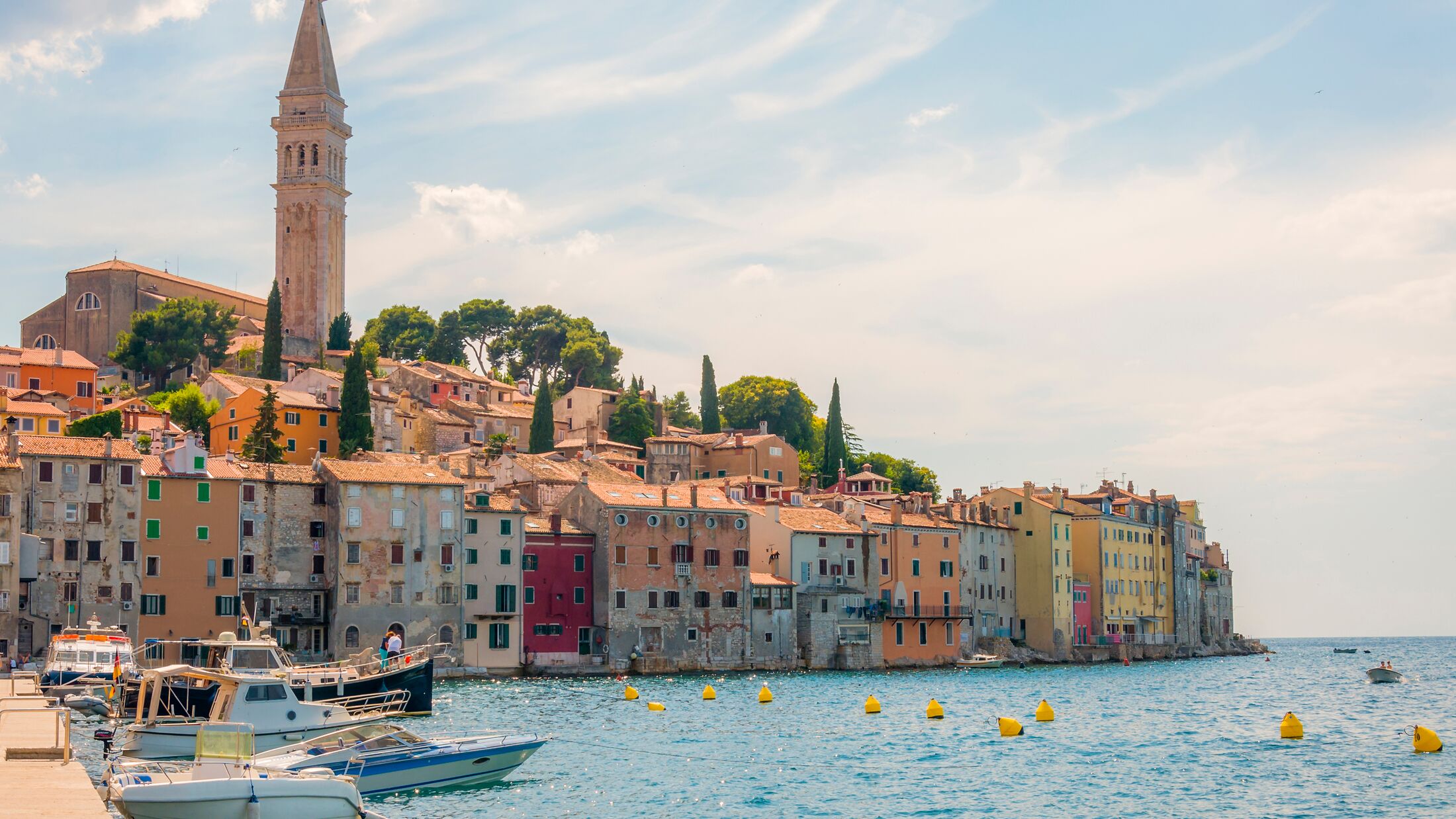 Old town of Rovinj in Croatia cityscape view. Medieval coastal architecture.