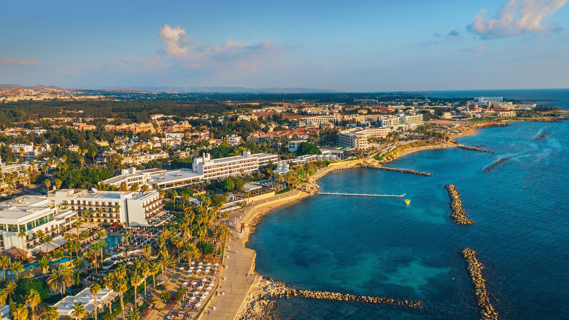 Cyprus, Paphos embankment, aerial view. Famous mediterranean resort city. Summer Travel.