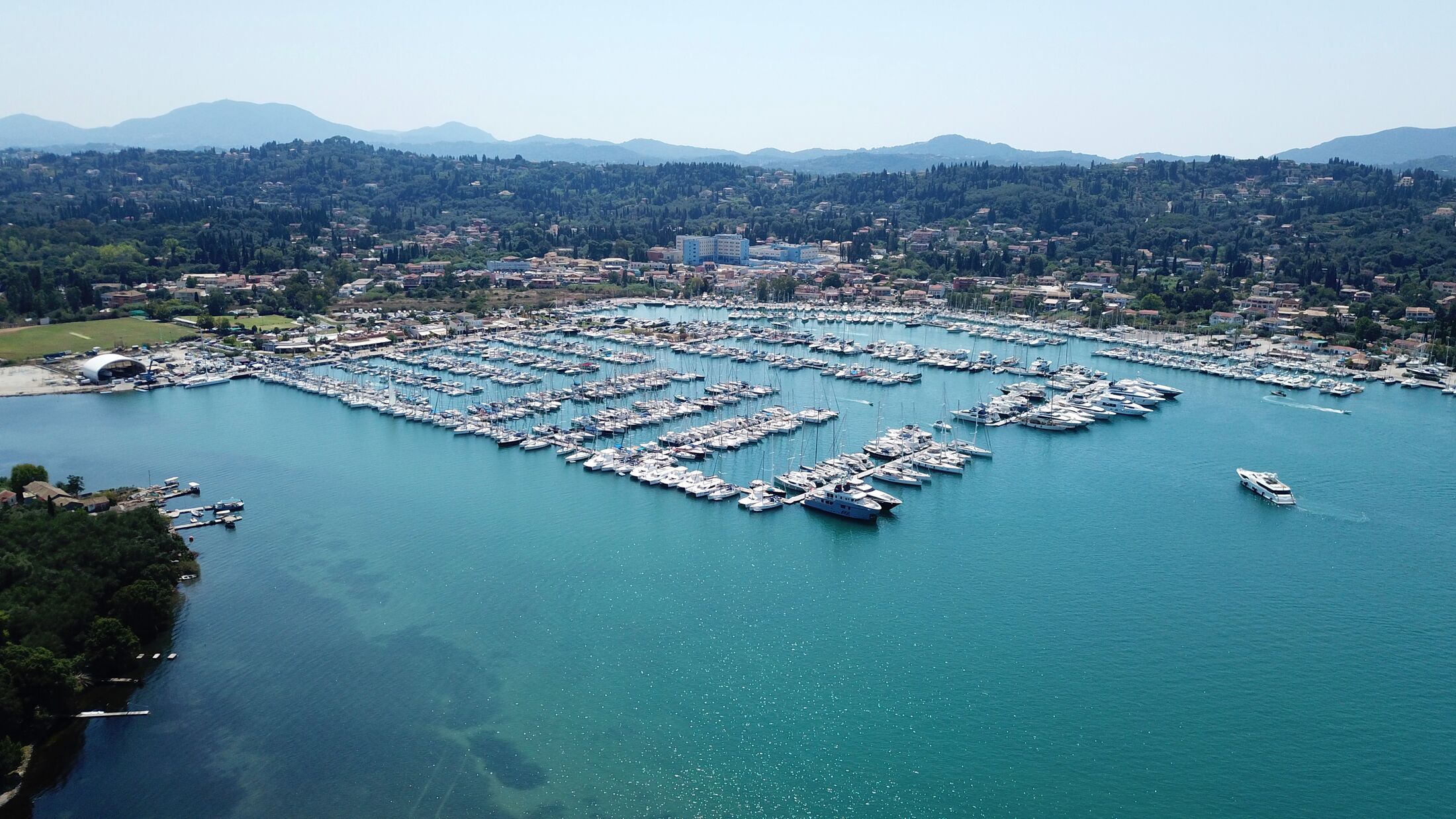 Aerial drone photo of famous bay of Gouvia a popular yacht dock, island of Corfu, Ionian, Greece