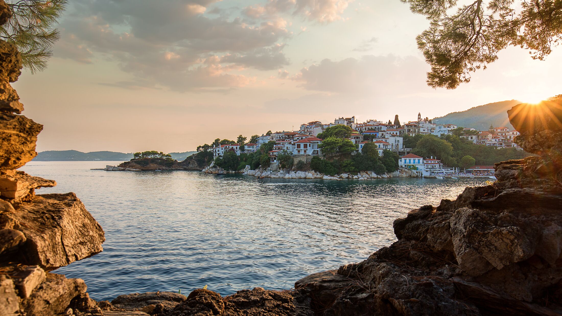 Skiathos harbor at sunset