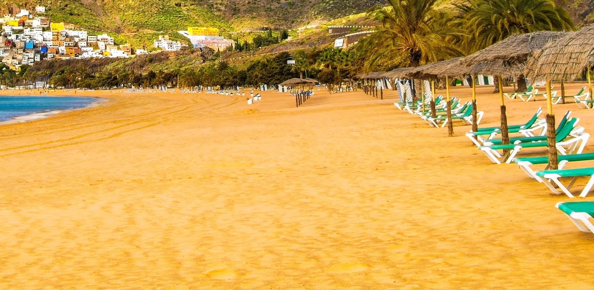 Amazing view of beach las Teresitas with yellow sand, umbrellas, longues and palm trees. Location: Santa Cruz de Tenerife, Tenerife, Canary Islands. Artistic picture. Beauty world.