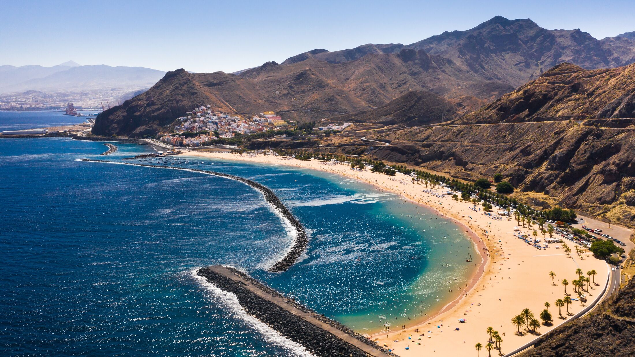 Top view of Las Teresitas beach with yellow sand. Near the city of Santa Cruz de Tenerife, Tenerife, Canary Islands.