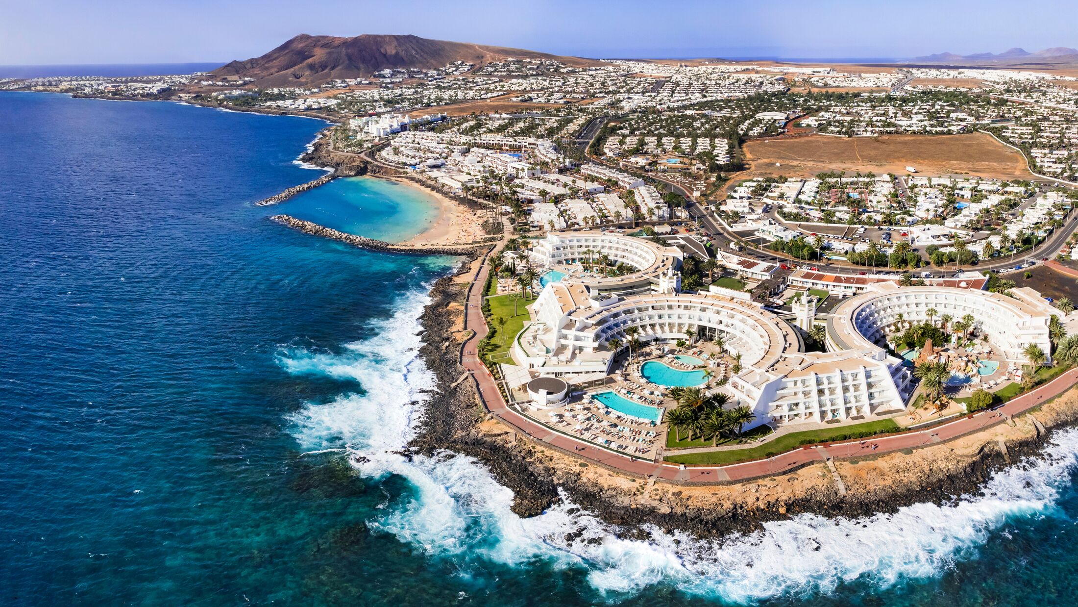 Lanzarote island, Playa Blanca resort. aerial drone panoramic view. Canary islands of Spain