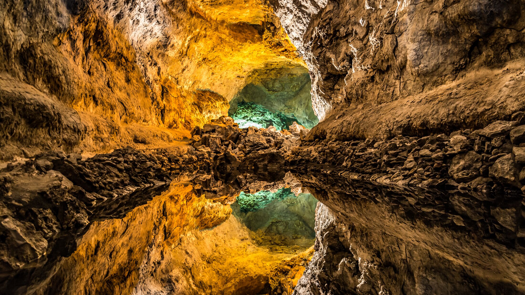Optical illusion - water reflection in Cueva de los Verdes, an amazing lava tube and tourist attraction on Lanzarote island, Spain