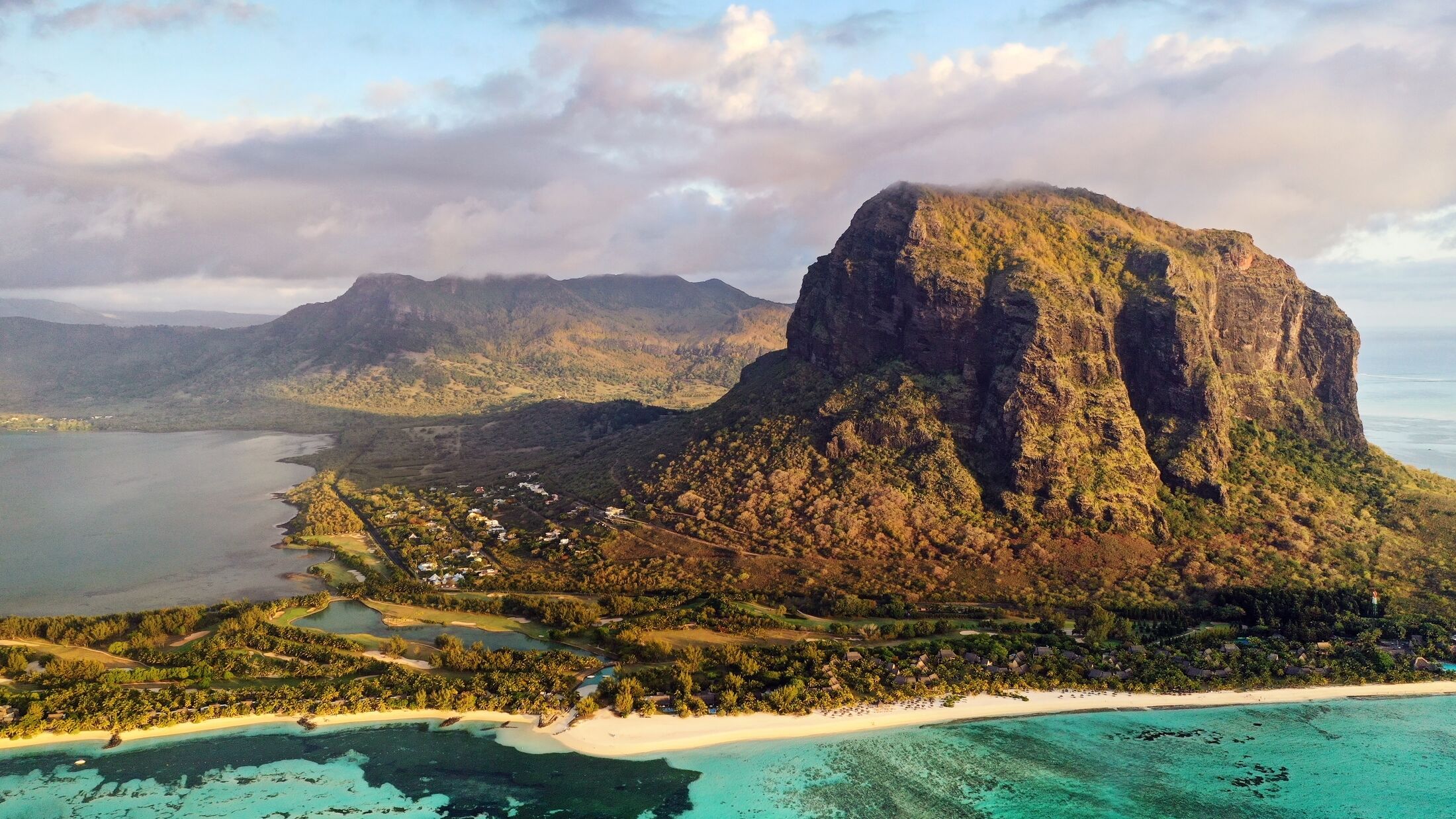 View from the height of the island of Mauritius in the Indian Ocean and the beach of Le Morne-Brabant.