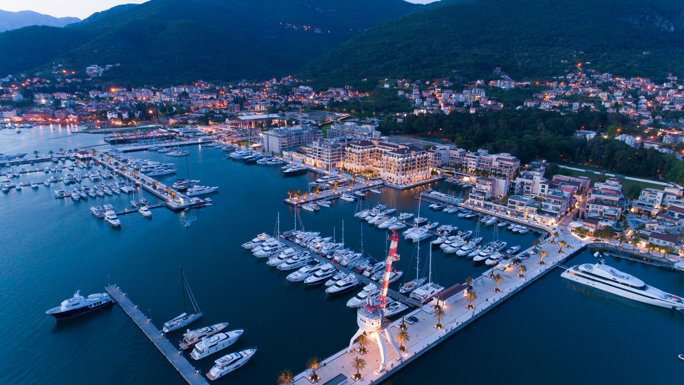 Aerial view of Porto Montenegro at dusk. Tivat