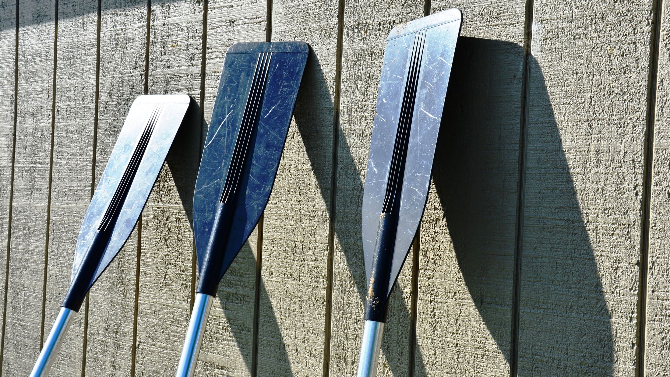 Black Kayak paddles leaning gray wooden wall boat shack; Shutterstock ID 204135118; PO: Project Italy - Facilities images; Job: Project Italy - Facilities images; Client: H&J/Citalia