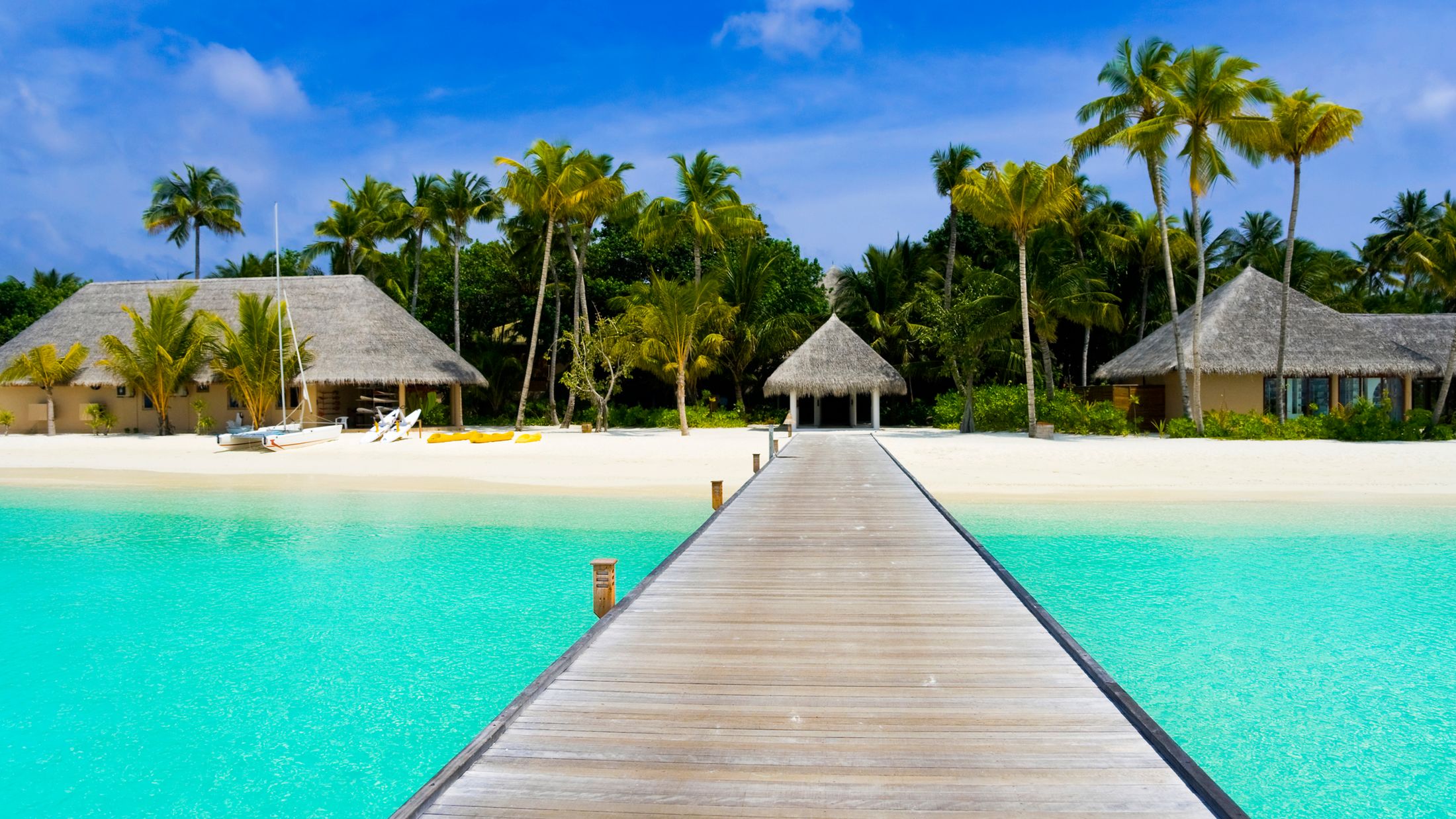 Beach bungalows on a tropical island - travel background