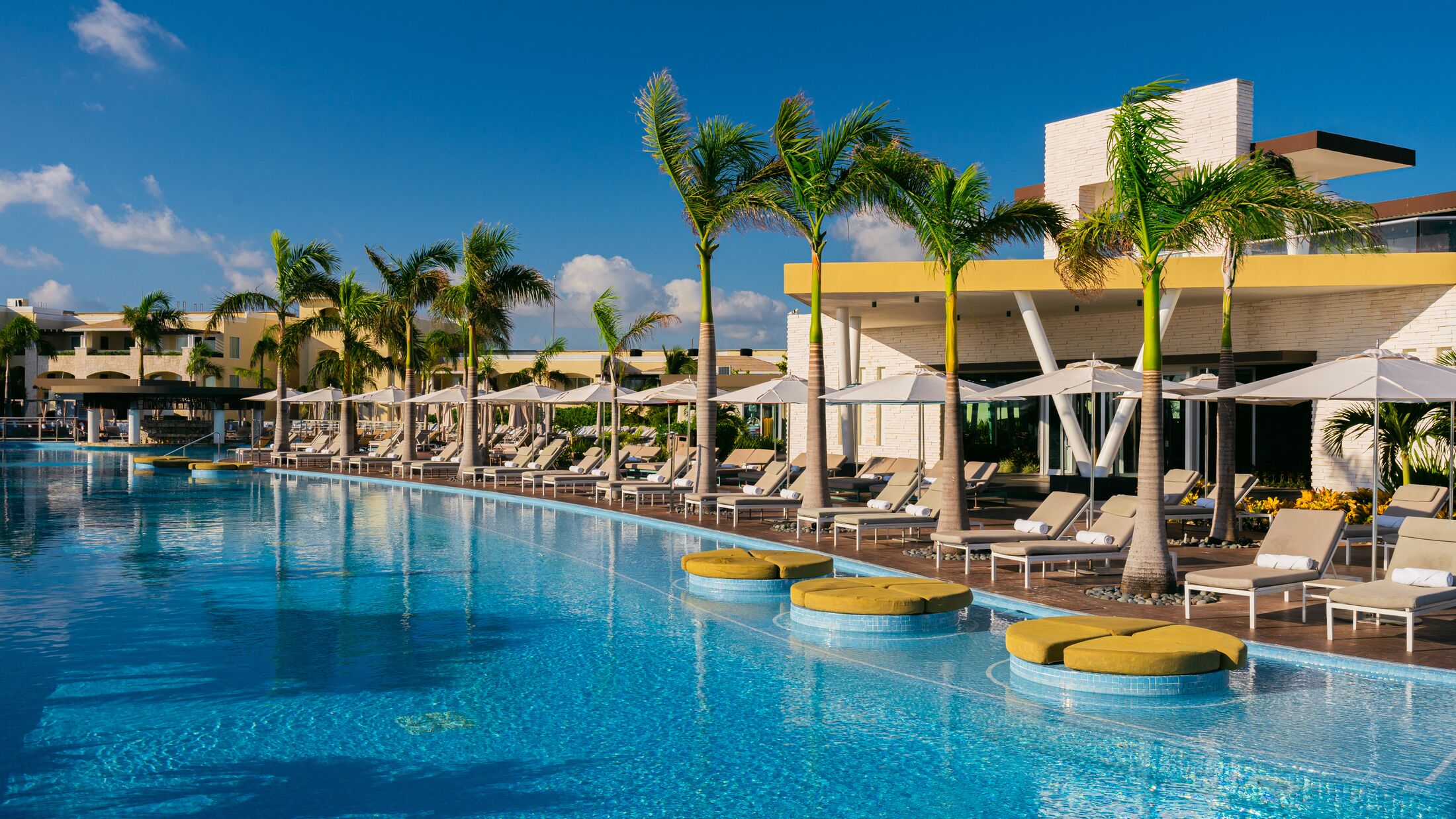Moon Palace The Grand Cancun, architecture, Cusco Pool, Activities Pool, Lounge Chairs, Umbrellas.Moon Palace The Grand Cancun Architecture