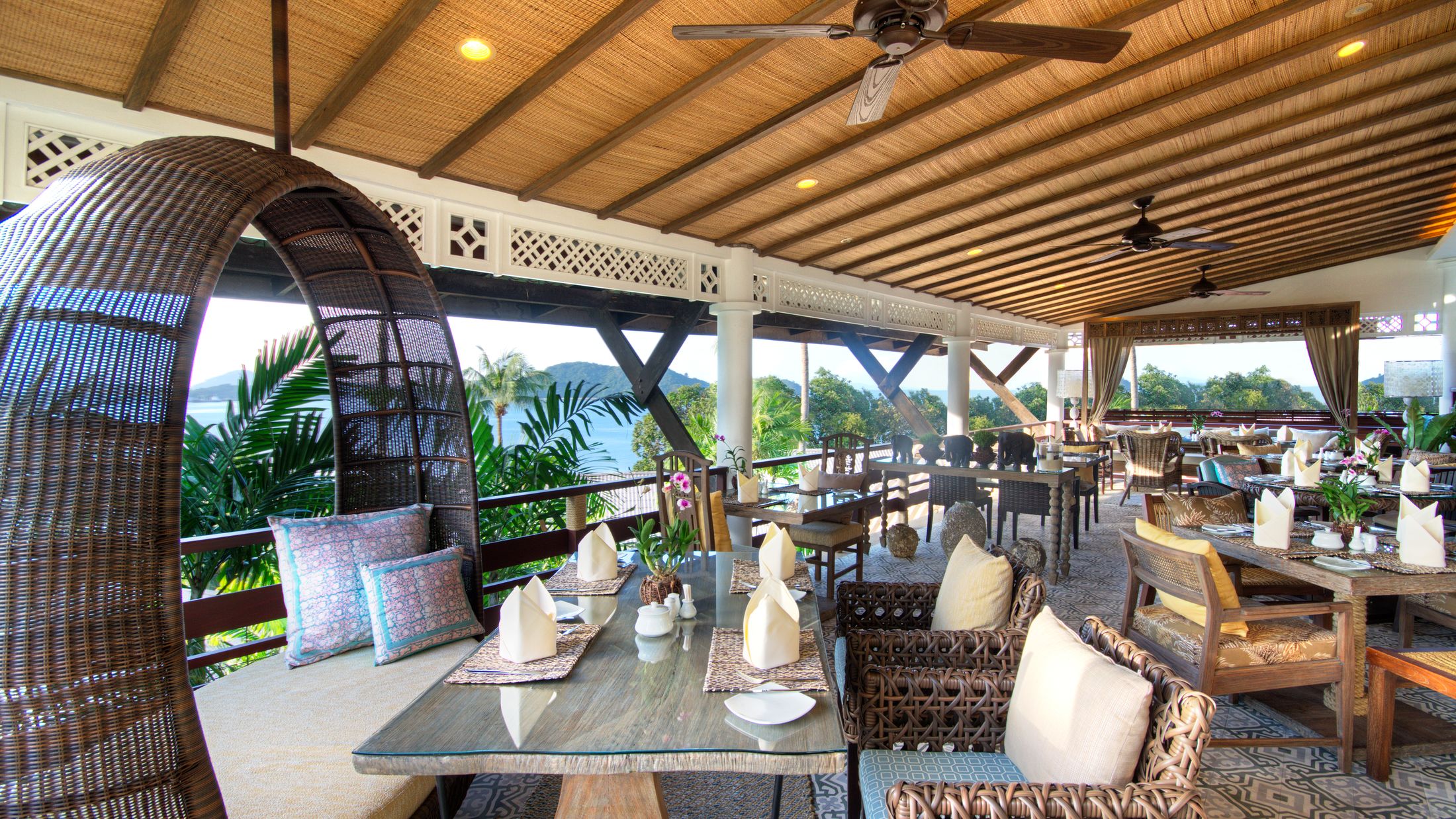 a dining room table in front of a building