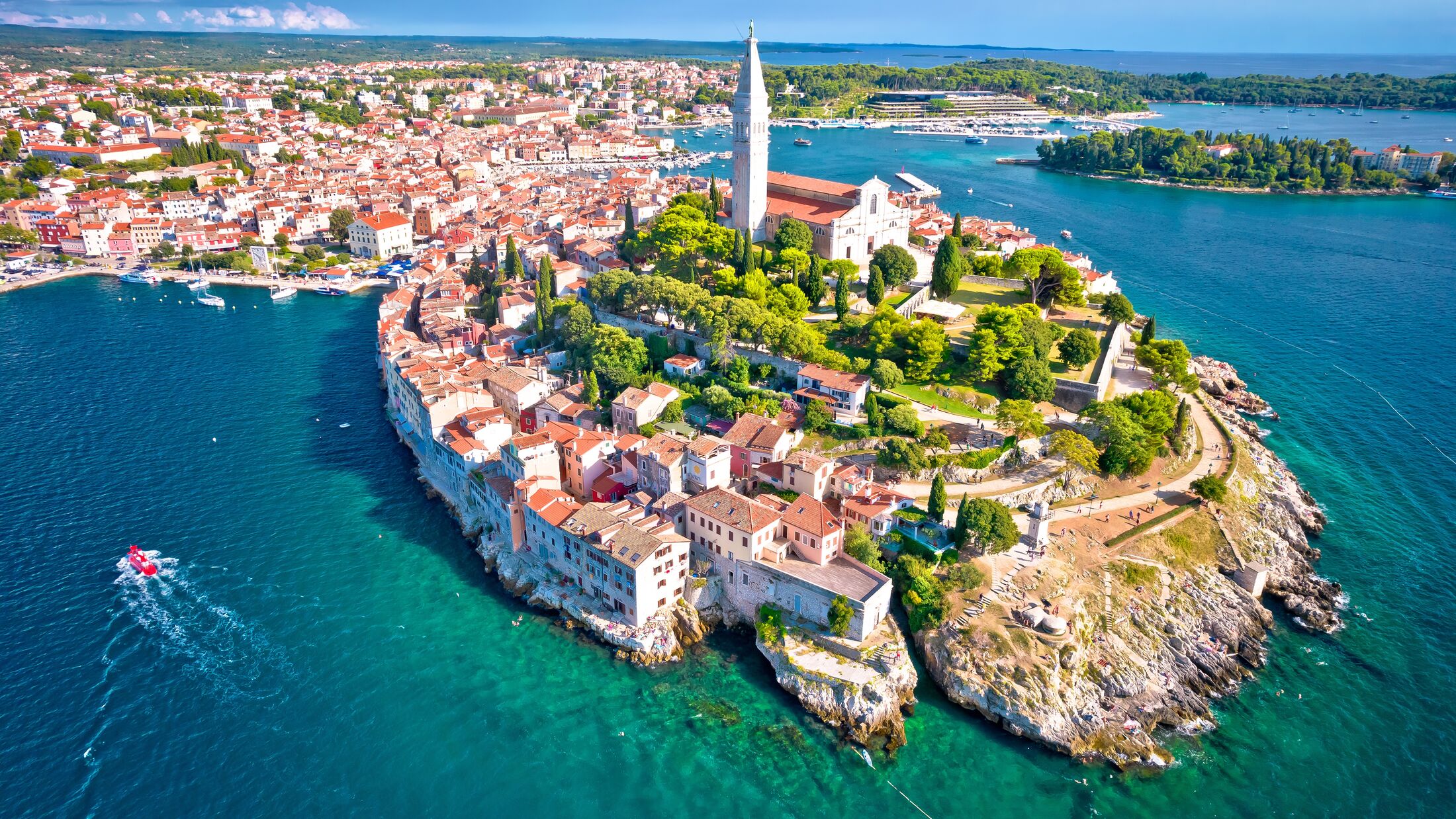 Town of Rovinj historic peninsula aerial view, famous tourist destination in Istria region of Croatia